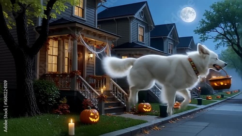 Dog trick or treating on Halloween with carved pumpkin, spooky and fun for the holidays