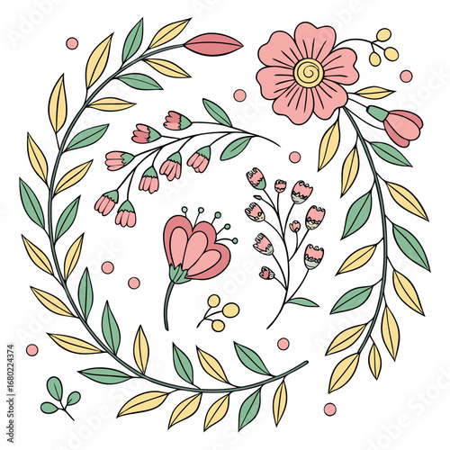 Illustration of a floral arrangement with pink flowers and green and yellow leaves in a circular pattern