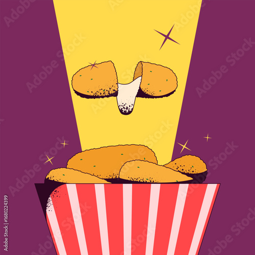 Vector illustration of crispy mozzarella bites in a striped bucket, one piece pulled open with gooey cheese under a bright spotlight.