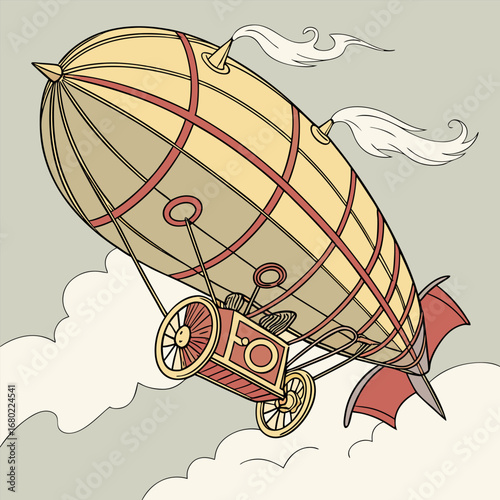 Illustration of a vintage airship with a carriage suspended below, flying amongst fluffy white clouds