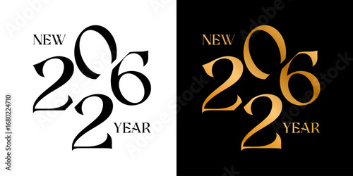 New Year 2026 celebration graphic in black and white with gold accents