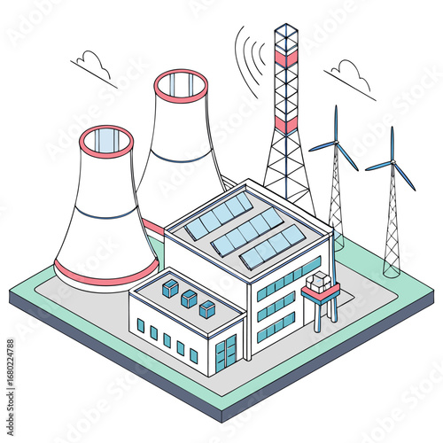 Isometric view of a power plant with cooling towers solar panels wind turbines and a communication tower