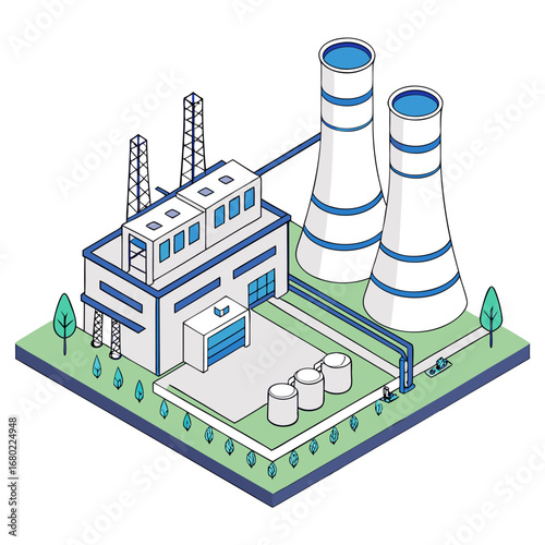 Isometric view of a power plant with cooling towers, industrial building, and surrounding green landscape