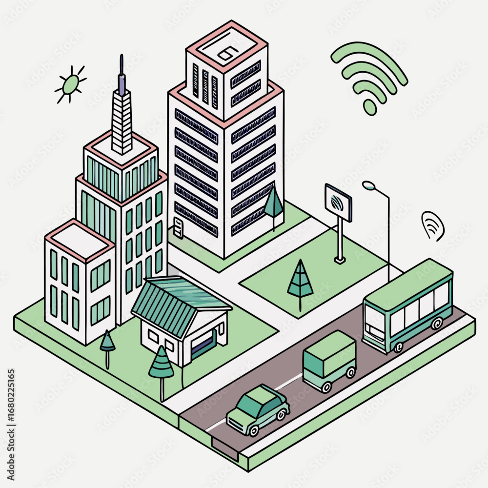Naklejka premium Isometric city landscape with buildings, roads, vehicles, trees and wifi signal illustration