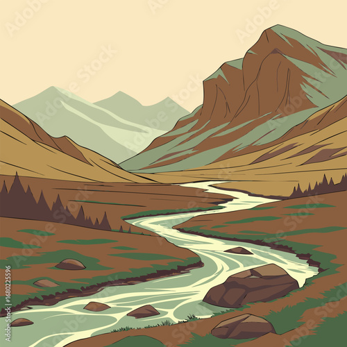 Illustration of a winding river flowing through a valley surrounded by mountains and scattered trees and rocks