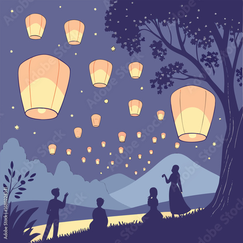 A night scene with people releasing sky lanterns under a tree with mountains and stars in the background