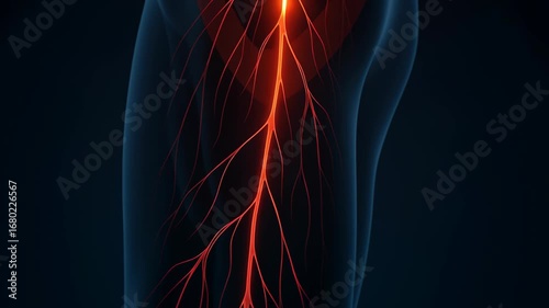 Pain legs artery. Illustration of nerve pathways and anatomy depicting sciatica pain leg, highlighting intricate network of nerves and blood vessels
