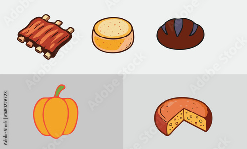 Stylized food illustrations in minimalist outline format, showcasing diverse ingredients from fruits to proteins