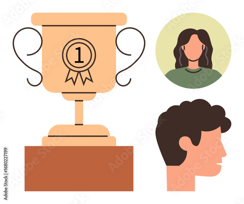 Trophy with ribbon and number 1 badge beside male and female profiles representing success, recognition, competition, teamwork, leadership, career growth, motivation. Clean flat metaphor