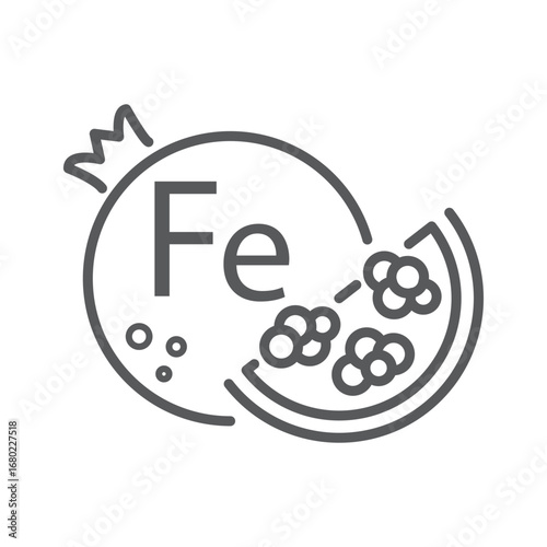  Line Icon Representing Iron Rich Fruit like Pomegranate. Fe Mineral end Supplement. Vector Illustration. Editable stroke.