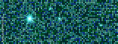 Abstract pattern featuring a mosaic of blue and green shaded squares with radiant white highlights. Disco ball background texture. Futuristic and modern illustration