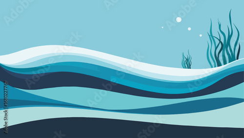 Abstract blue ocean waves underwater scenery with seaweed and small fish vector illustration