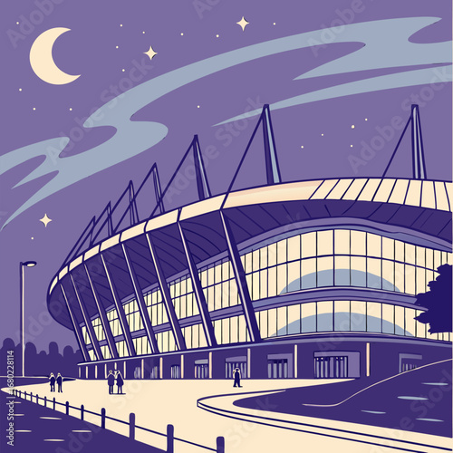 Night view of a stadium with people walking around under a starry sky with a crescent moon shining above