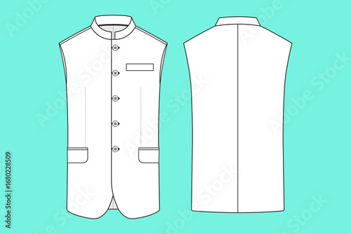 Men's Sleeveless Button Down Waistcoat Vest Apparel Fashion Flat Sketch CAD Template.