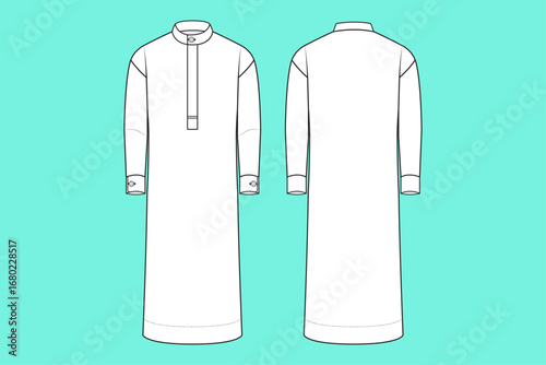 Men's Long Sleeve Saudi Style Thobe Apparel Fashion Flat Sketch Technical Drawing Template Outline.