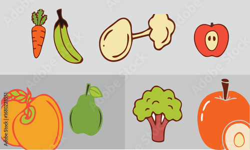 Stylized food illustrations in minimalist outline format, showcasing diverse ingredients from fruits to proteins