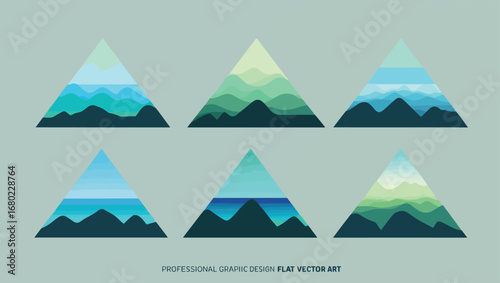 Abstract geometric mountain range set stylized triangles with gradient colors and nature scenes