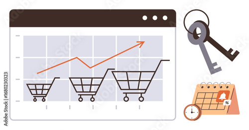 Shopping carts ascending in size on graph showing upward growth, keys symbolizing access, and calendar with clock representing time management. Ideal for business success, e-commerce, strategy
