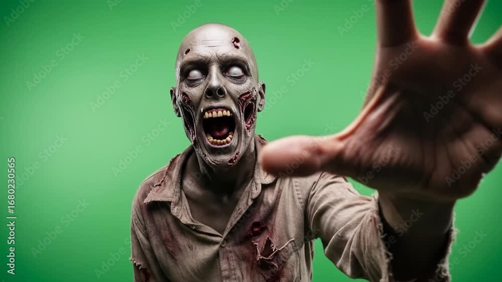 Green Screen Abstract & Backgrounds Horror Zombie Creature Reaching Out with Green Screen Background  Chroma Key