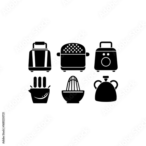 Set of Six Kitchen Appliances and Utensils Silhouettes - Vector Illustration