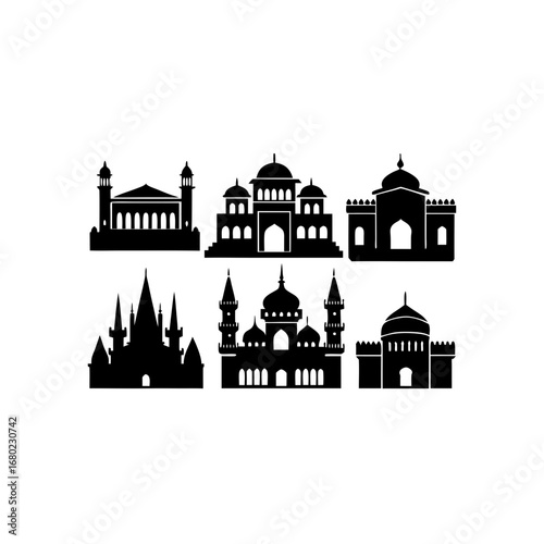 Islamic Mosque Silhouettes Set: Vector Icons of Architectural Landmarks in Black and White