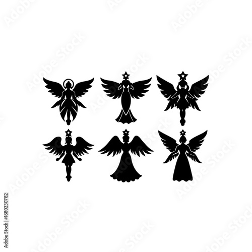 Angel Silhouettes Icons Set: Vector Heavenly Figures in Black and White
