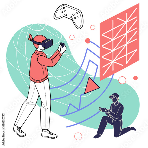 Illustration of two people interacting with virtual reality and gaming elements in a stylized scene