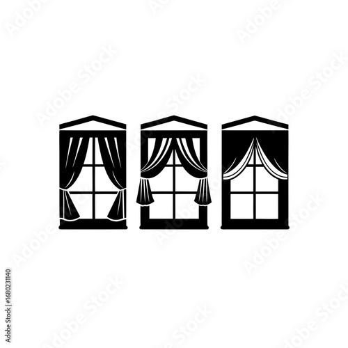 Window Silhouettes with Elegant Curtains - Vector Icon Set