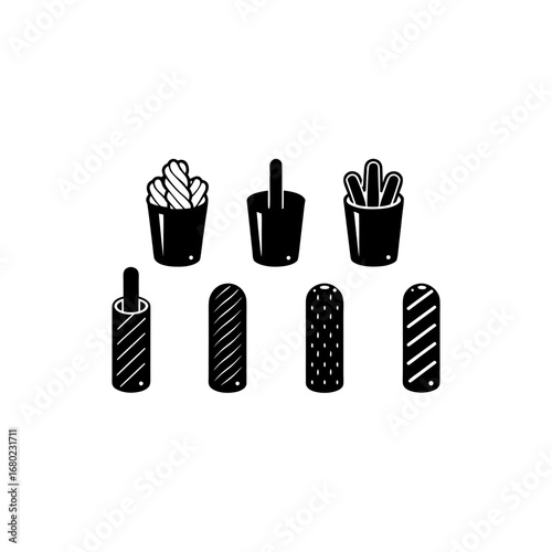 7 different churro silhouette vector icons set