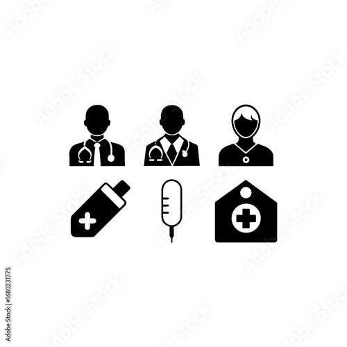 6 different clinic silhouette vector icons set