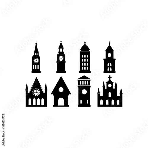 8 different clock tower silhouette vector icons se