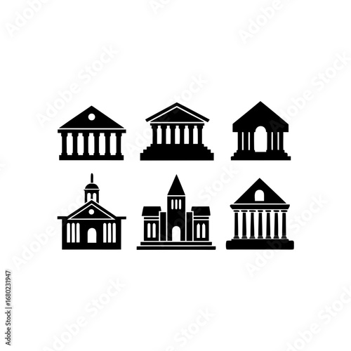 6 different courthouse silhouette vector icons set
