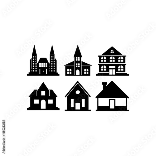 6 different customs building silhouette vector ico