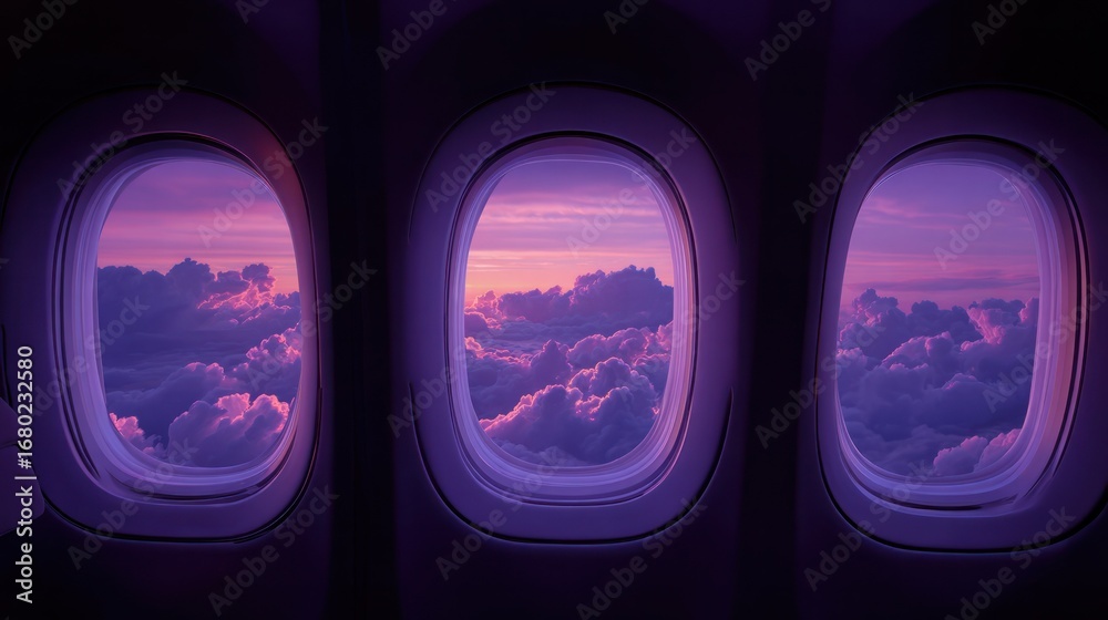 Obraz premium The view of beautiful sky through airplane windows at the twilight. The window frames a gorgeous view with the soft colors of the twilight sky