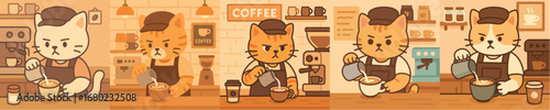 A cat who is a barista in a small coffee shop, complete with an apron, barista hat, and a serious expression perfect for making latte art