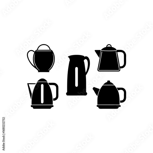 5 different electric kettle silhouette vector icon