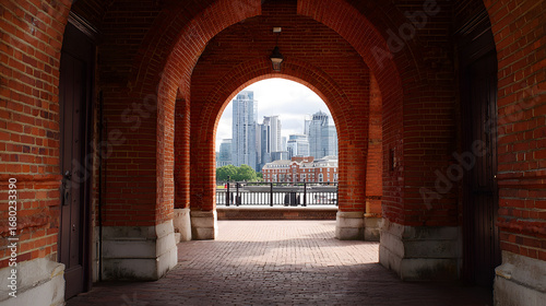 Historic brick archway reveals modern city skyline architectural contrast
