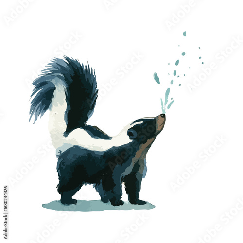Artistic Skunk Spraying Water Head Raised Bushy Tail Black and White Fur