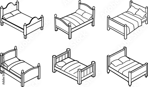 Set of bed outline coloring book page vector illustration line art digital drawing
