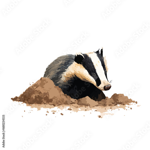 Badger emerging from a mound of dirt showcasing its distinctive black and white facial markings
