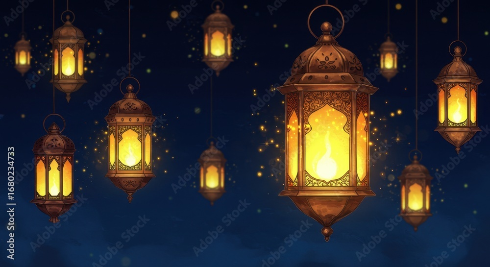 Obraz premium Glowing Ramadan Lanterns Hanging in the Night Sky