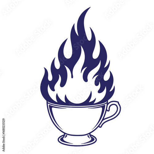A burning cup of coffee depicting hot caffeine energy and a dynamic vector illustration