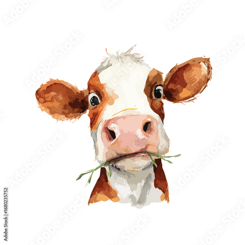 Cartoon Cow Portrait with Grass in Mouth Brown and White Fur Detail