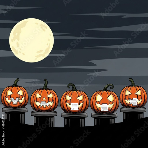 Jack-o’-Lanterns with Notes Under Full Moon – Spooky Halloween Vector Illustration of Pumpkins and Night Sky