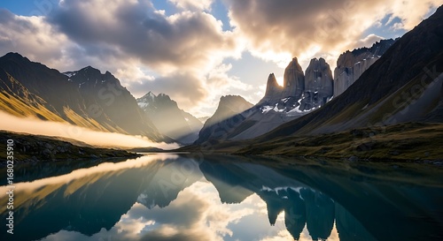 Serene Mountain Lake Reflecting Dramatic Sky.