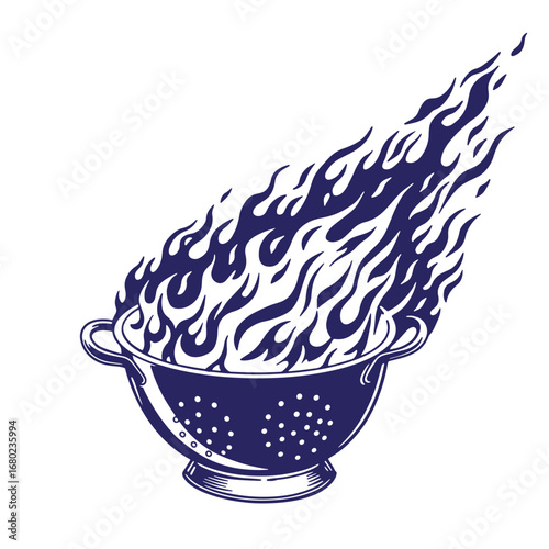 A stylized illustration of a colander engulfed in vibrant blue flames on a white background