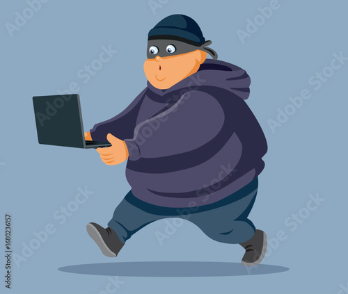 Overweight Thief Running Away with a Laptop Vector Cartoon. Evil man robbing a place of its technology for ransomware
