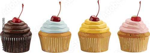 Vector cupcake illustration with cherry on top, colorful dessert clipart, sweet bakery pastry design, vibrant frosting treat for menus, prints, party invites