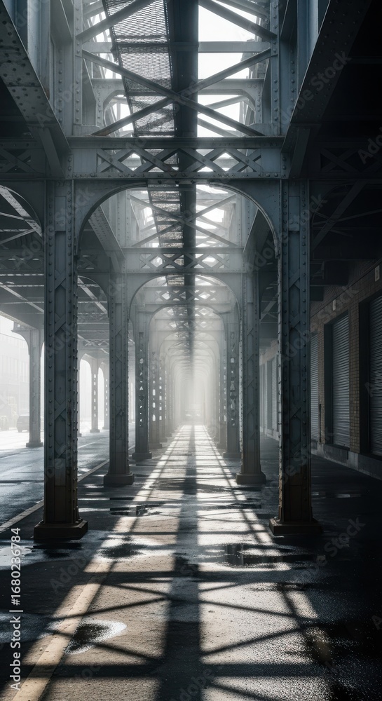 Fototapeta premium Steel Bridge Structure, Foggy Day