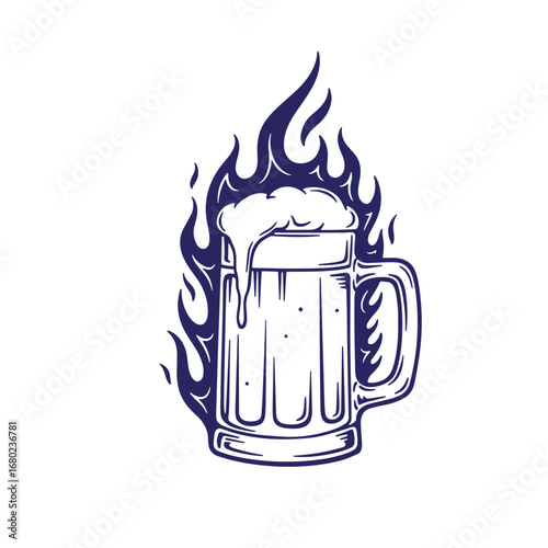 A stylized illustration of a mug of beer engulfed in flames on white background